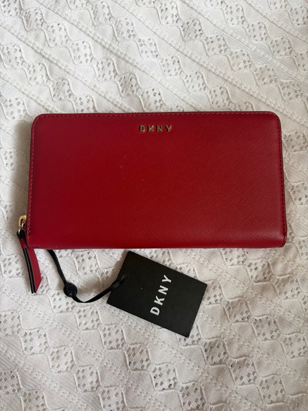 DKNY Red Saffiano Zip Around Wallet Gold Logo NWT RFID Continental Clutch